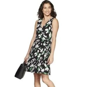 A New Day Black Floral Low‎ V Neck Sleeveless Stretch Faux Wrap Dress Women's S